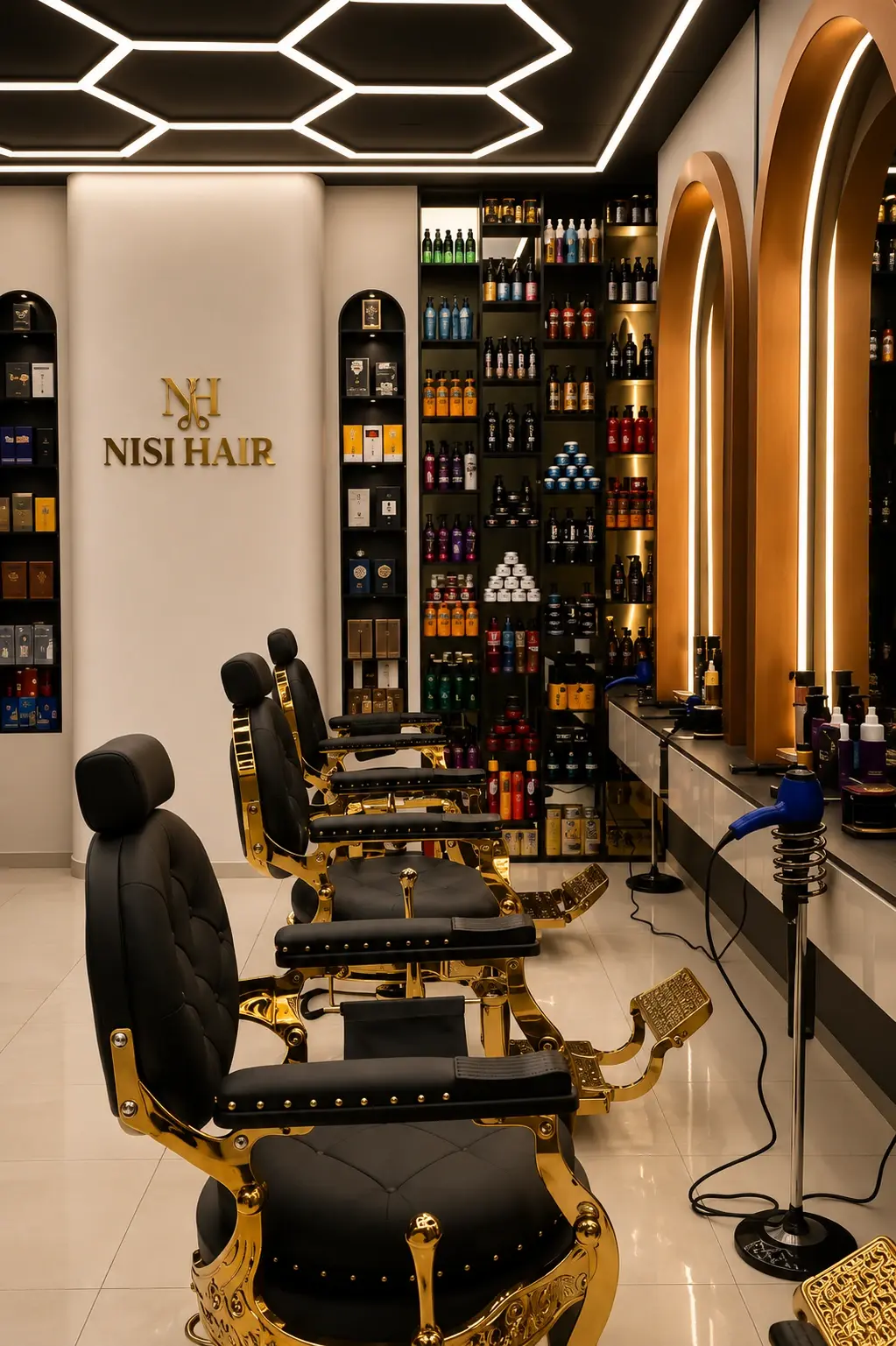 Rafte produktesh dhe karrige berberi në Nisi Hair